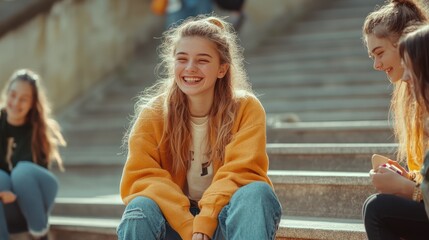 Fototapeta premium A joyful young woman with light skin and long hair smiles brightly, sitting on stairs surrounded by friends on a sunny day.