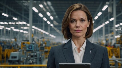 Female Executive in Modern Airplane Manufacturing Facility with Advanced Machinery, Industrial Technology, and Corporate Professionalism. AI Generated.