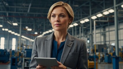 Female Executive in Modern Airplane Manufacturing Facility with Advanced Machinery, Industrial Technology, and Corporate Professionalism. AI Generated.