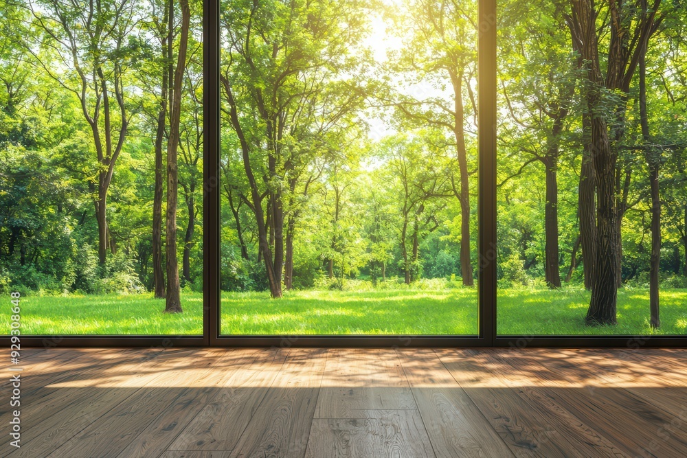 Poster bright sunlight filters through a large window, illuminating a serene view of lush greenery and a wo
