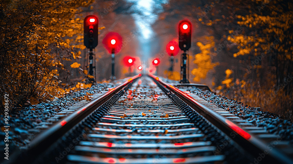 Poster a train track with two red traffic lights on each side and trees on the opposite side