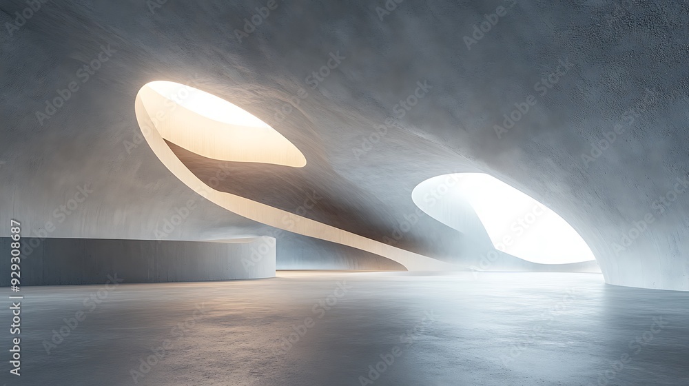 Poster Abstract modern architecture with curved concrete walls and skylights.