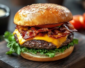 Closeup of a bacon cheeseburger with melted cheese