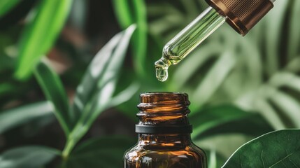 Amber glass bottle with a dropper against lush green foliage, highlighting natural wellness.