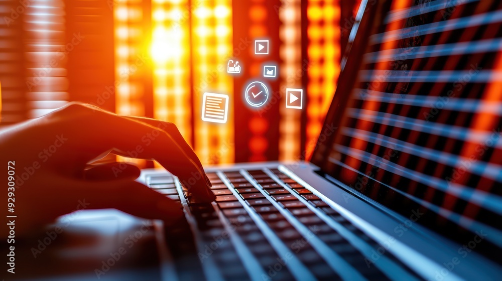 Poster close-up of a hand typing on a laptop keyboard, with glowing digital icons in the background represe