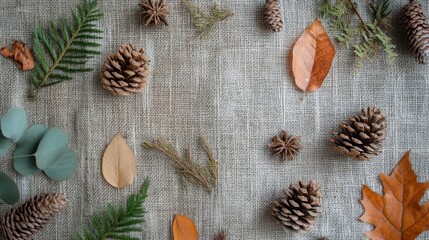 Various natural elements including pinecones, leaves, and greenery are artfully arranged on burlap.