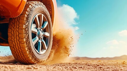 Closeup of a car tire spinning in the desert, throwing up a cloud of dust and dirt, symbolizing power and speed