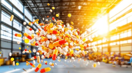 Colorful capsules and pills floating in a warehouse, showcasing pharmaceutical industry innovation and production.