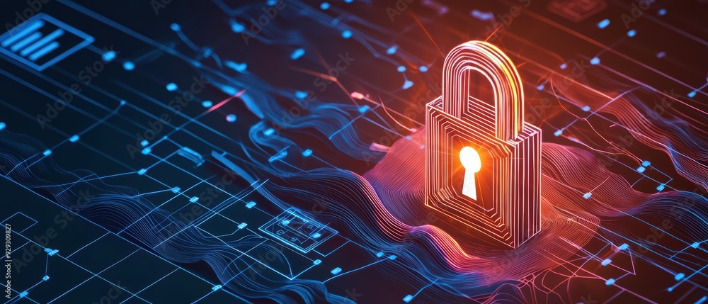 Aufkleber digital lock symbolizing cybersecurity, technology, and data protection amidst colorful data streams