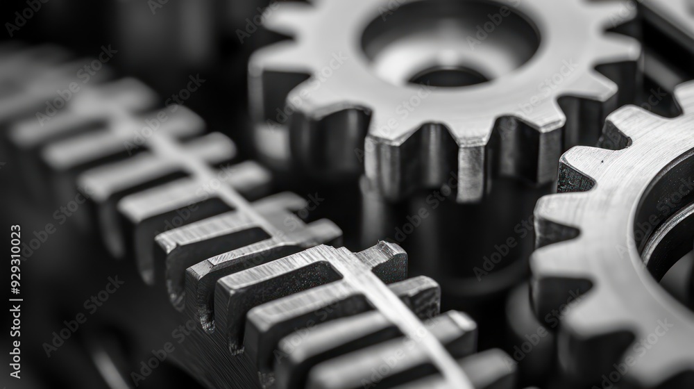 Poster close-up of interlocking metal gears showcasing intricate engineering and precision.