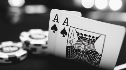 Obraz premium Close-up of two Ace of Spades cards, symbolizing a winning hand in poker, with chips in the foreground and a blurred casino backdrop.