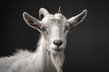 Fototapeta premium Close-up portrait of a white goat with distinctive horns and expressive eyes