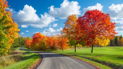 Fototapeta premium A winding road curves through vibrant autumn foliage, featuring red, orange, and yellow trees under a bright blue sky.