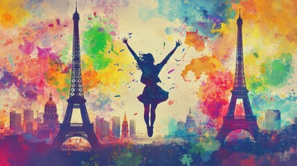 A joyful young woman of Caucasian descent leaps between two iconic Eiffel Towers, surrounded by a vibrant explosion of colors.