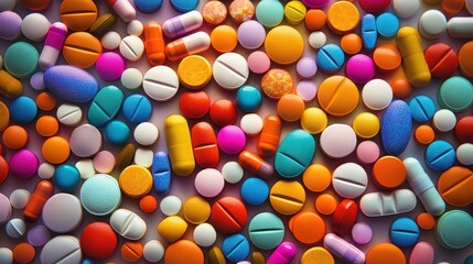 Fototapeta premium Colorful assortment of various pills and tablets scattered on a surface.