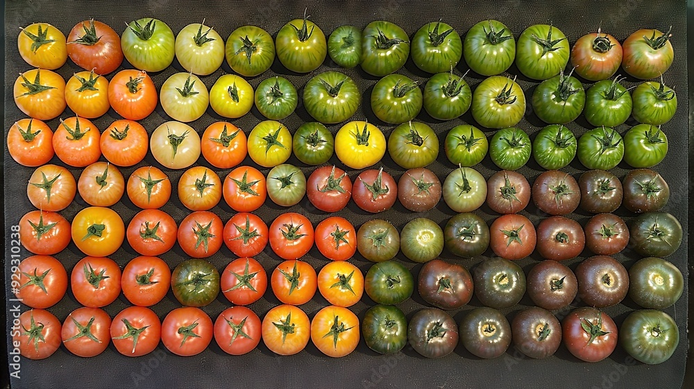 Poster a black surface is adorned with an array of ripe tomatoes in varying shades of green and red