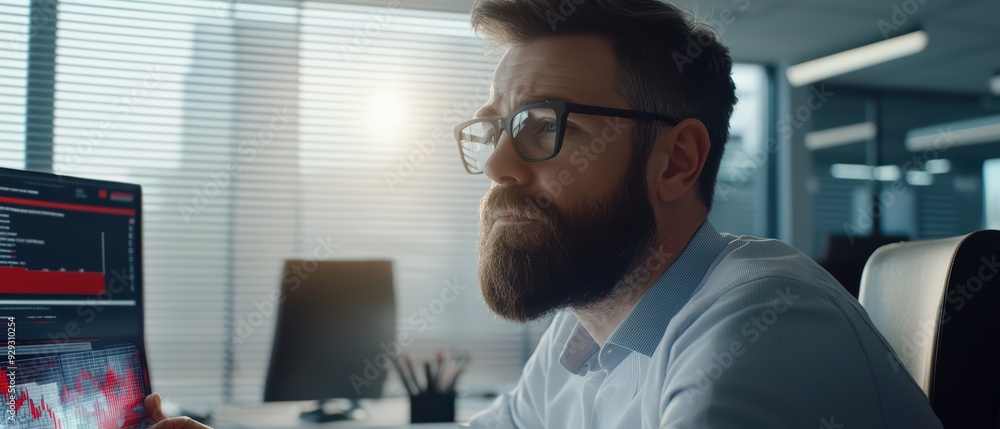 Poster focused analyst working on data visualization in a modern office, analyzing graphs and trends on a c