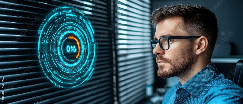 Poster focused professional analyzing digital data on a futuristic interface, showcasing technology and inn