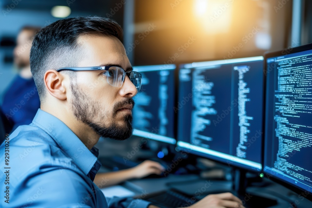 Poster focused programmer analyzing code on multiple screens in a modern office environment with warm light