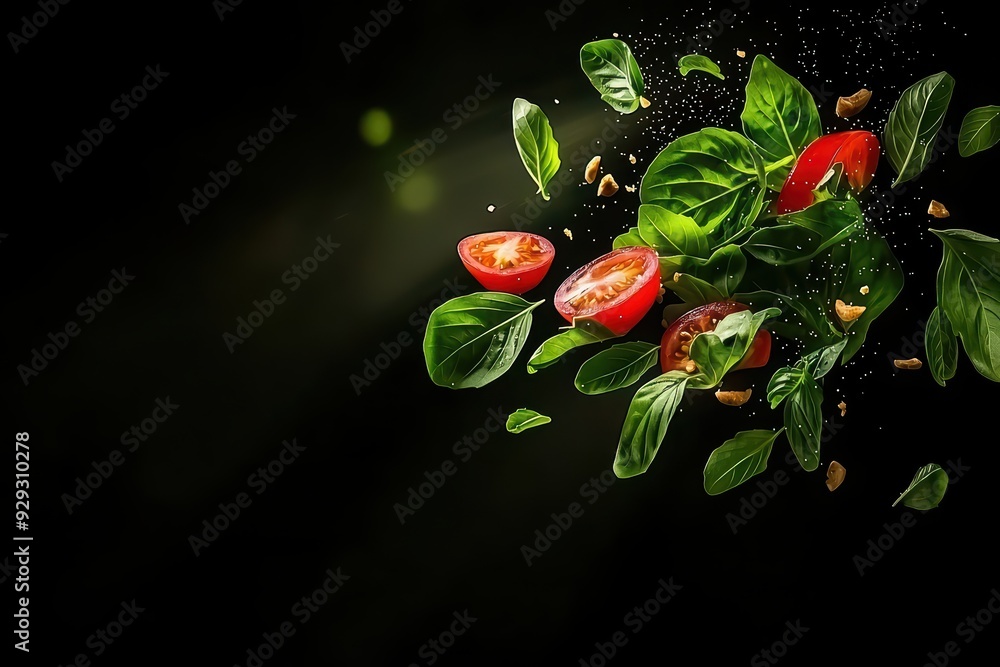 Aufkleber fresh basil and sliced tomatoes floating in mid-air with a dark background, creating a vibrant and h