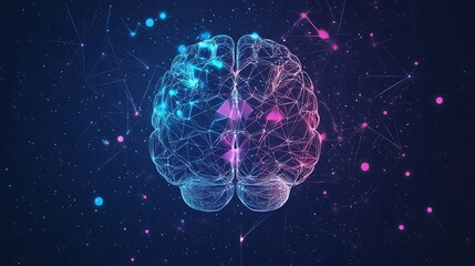 Fototapeta premium Abstract polygonal brain with glowing neurons on a dark blue background.