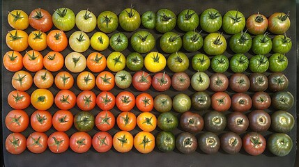   A black surface is adorned with an array of ripe tomatoes in varying shades of green and red