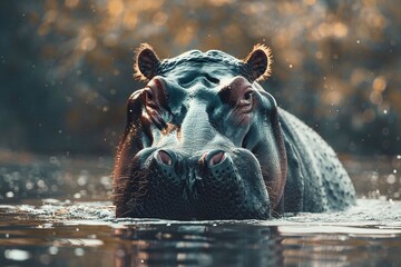 Fototapeta premium Majestic hippo emerging from water with golden sunlit background