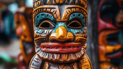 Fototapeta premium Colorful wooden totem with intricate carvings, displaying vibrant hues and detailed facial features.