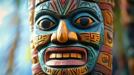 A vibrant wooden totem mask showcasing intricate carvings and bright colors, representing cultural heritage and artistry.