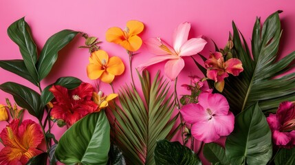 A vibrant and colorful arrangement of tropical flowers and lush green leaves against a bright pink backdrop.