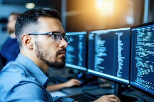 Focused programmer analyzing code on multiple screens in a modern office environment with warm lighting.