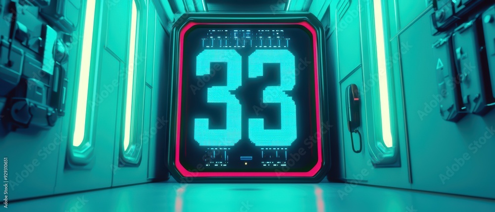Poster futuristic display with glowing neon lights and a digital screen showing the number 33, set in a sci