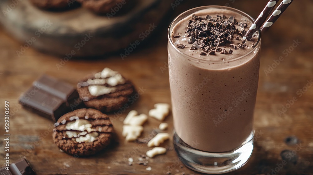 Wall mural close-up of a homemade chocolate smoothie (milkshake) and cookies on a rustic wooden table