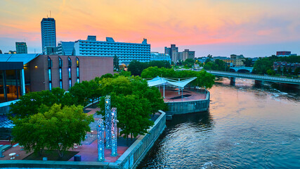 Aerial of South Bend Riverfront Plaza at Dusk © Nicholas J. Klein