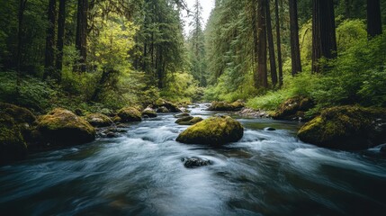 Obraz premium A serene forest river scene with lush greenery and smooth water flow.
