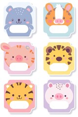 Cute cartoon animal stickers featuring a bear, tiger, pig, and cow in playful, colorful designs.
