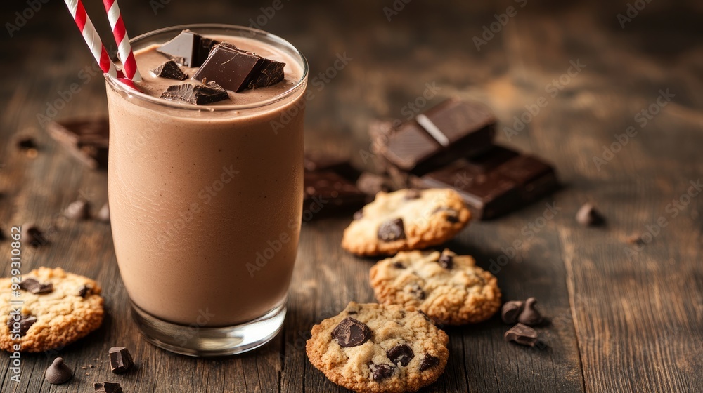 Wall mural close-up of a homemade chocolate smoothie (milkshake) and cookies on a rustic wooden table