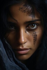 Fototapeta premium Portrait of a Woman with Tribal Face Paint and Intense Eyes 
