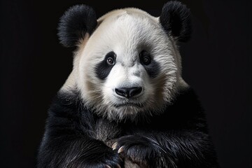 Obraz premium Close-up portrait of giant panda with striking black and white fur against dark background