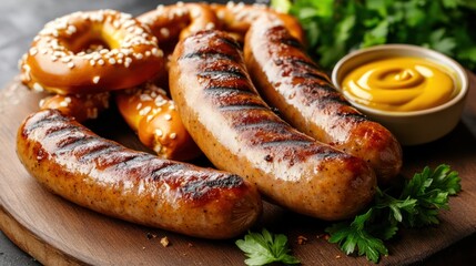 Deliciously grilled sausages served with pretzels and mustard on a wooden platter.