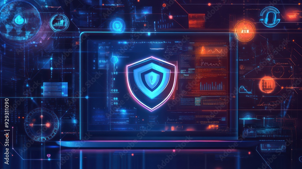 Poster a futuristic digital interface with a shield symbolizing cybersecurity against a backdrop of vibrant
