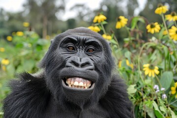 Obraz premium Close-up of smiling gorilla surrounded by yellow flowers in natural habitat