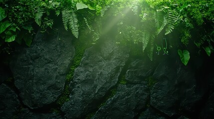 Lush greenery and textured stone create a serene natural scene, perfect for nature lovers and environmental themes.