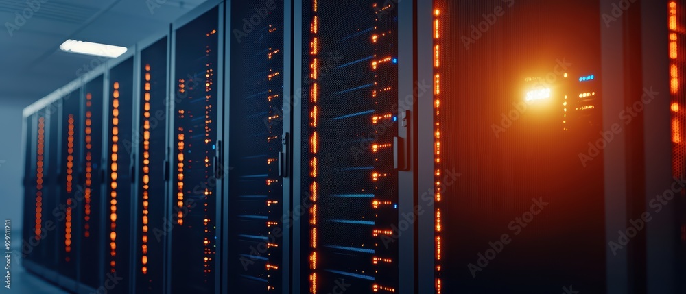 Poster modern data center with illuminated server racks showcasing advanced technology and efficient coolin