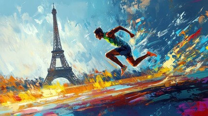 A male athlete sprinting with determination against a vibrant, artistic backdrop of the Eiffel Tower.