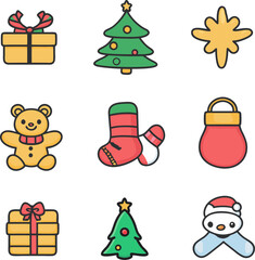 Christmas icons set in primary colors, Christmas icon set vector with a cotton cartoon style.