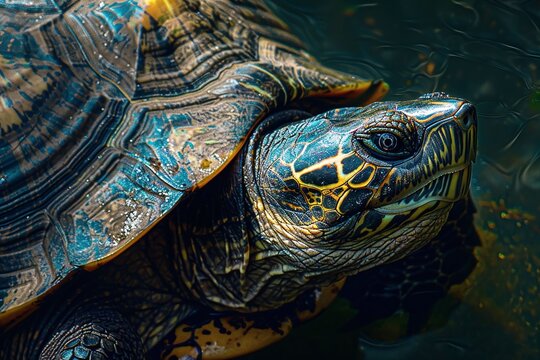 Close-up of vibrant aquatic turtle with intricate shell patterns