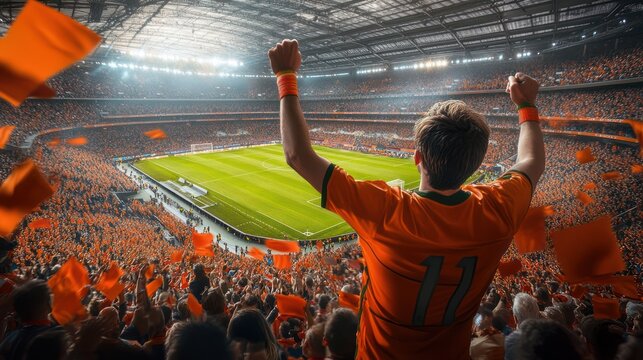 Excited male fan celebrating in an orange jersey at a vibrant sports stadium filled with cheering fans.