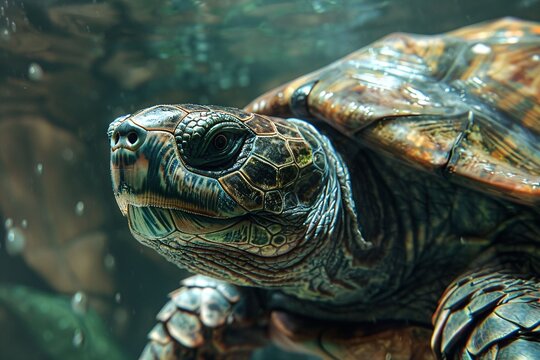 Close-up of sea turtle's head underwater with detailed shell pattern