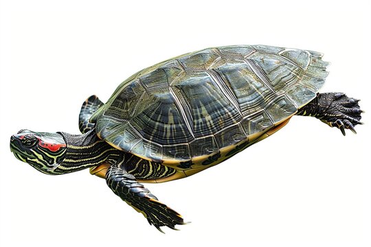 Red-eared slider turtle with detailed shell pattern on white background
